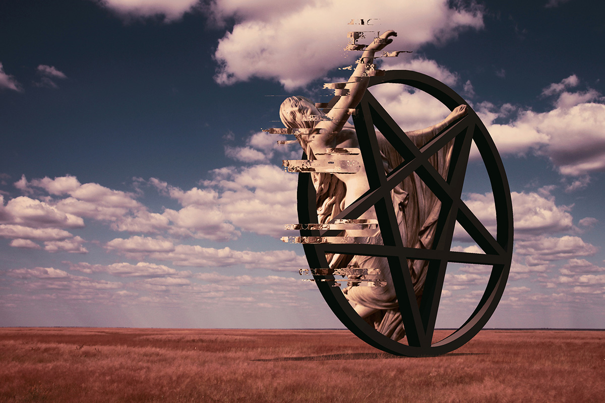 A photograph of a glitching white statue in a wooden star-shaped frame, situated in a field of wheat with an open blue sky