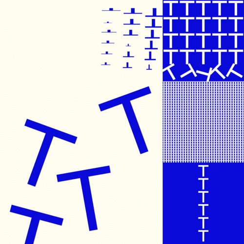 A blue and white digital composition featuring the letter T in various configurations