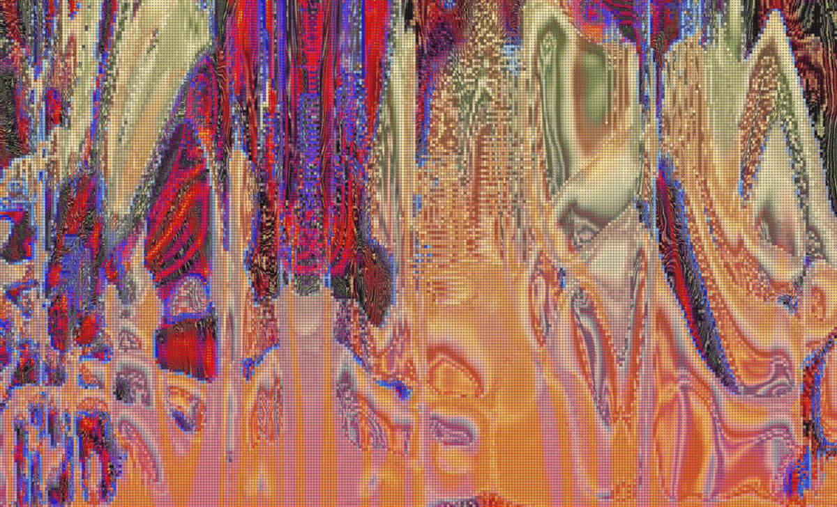 A digital mosiac, with multicolored cells forming an abstract, wavelike composition