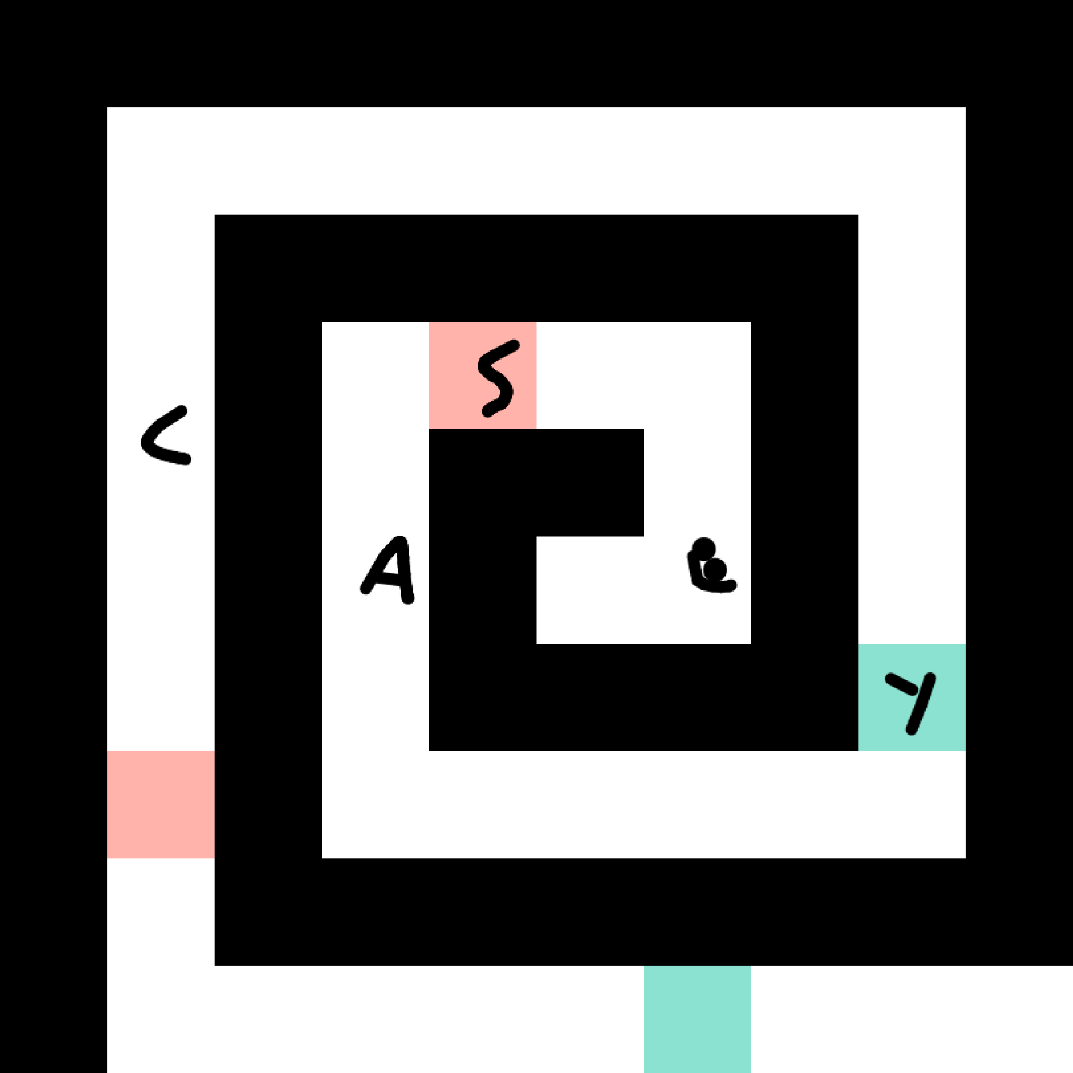 A digital drawing of a black meandering line, evocative of a shell, with a few pale colored squares and the name CASEY written in black across the white space and colored squares
