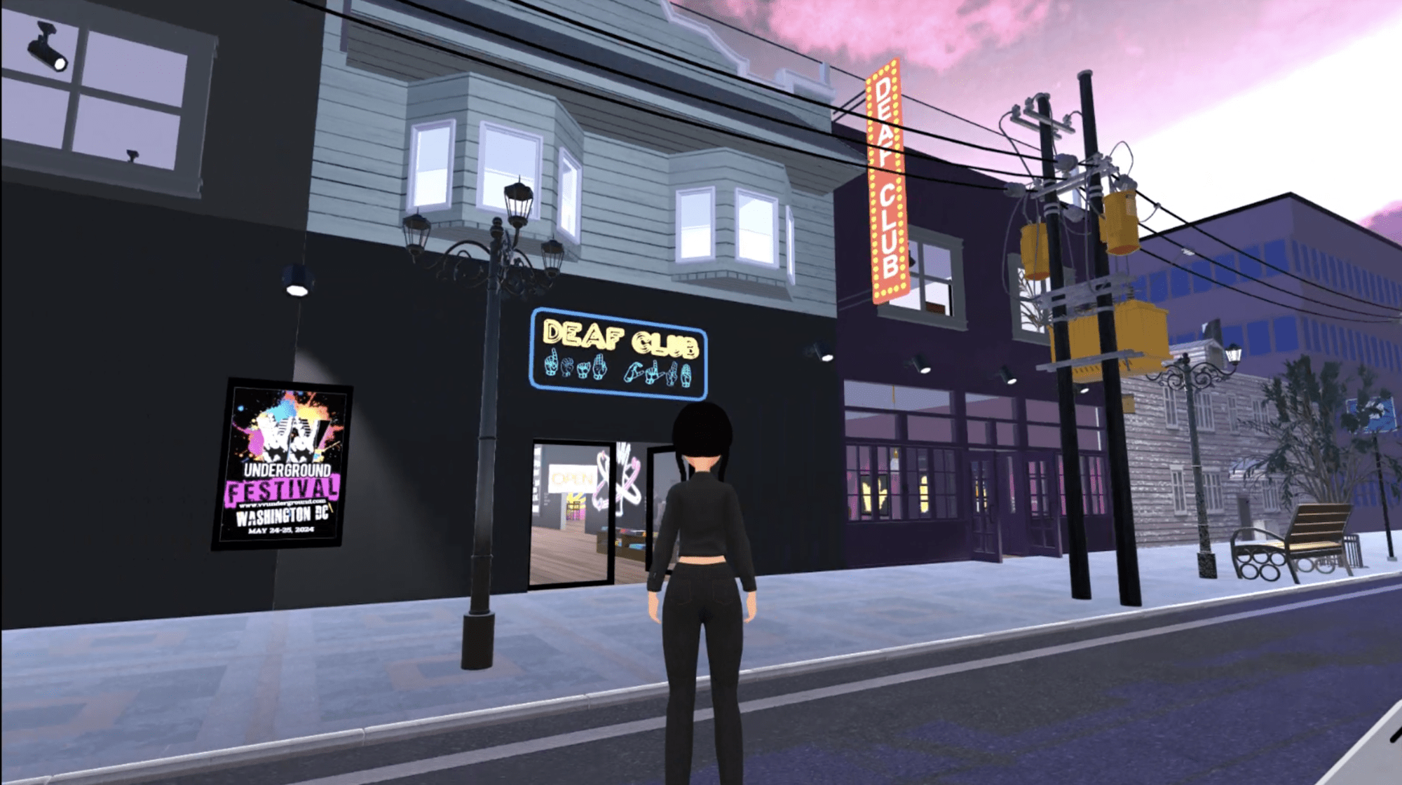 On a street in a virtual world, an avatar is seen from behind standing at the entrance to a Deaf Club