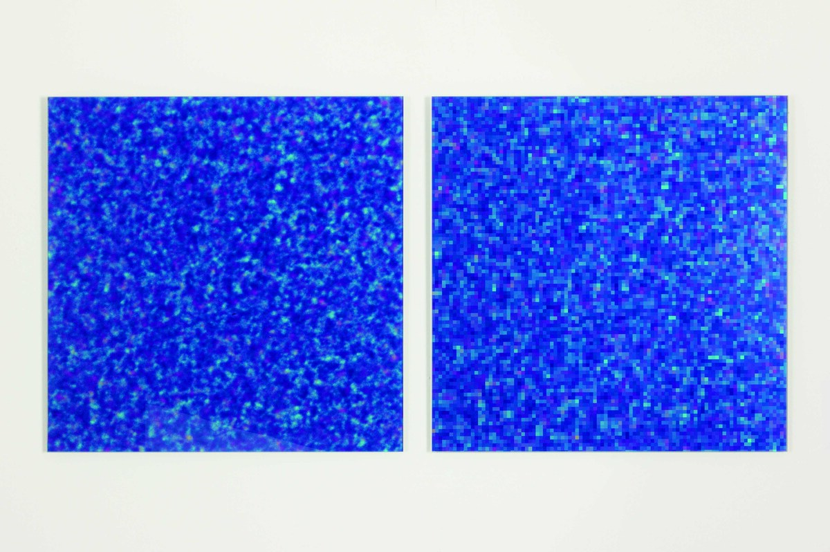 Two blue pixellated squares side by side on a white background