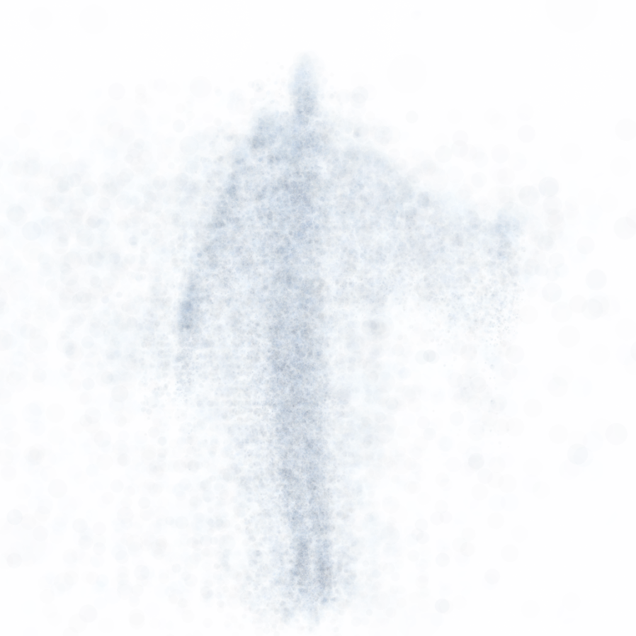 A digital image with a faint silhoutte of a human figure in bluish-gray, seeming to emerge from a white void