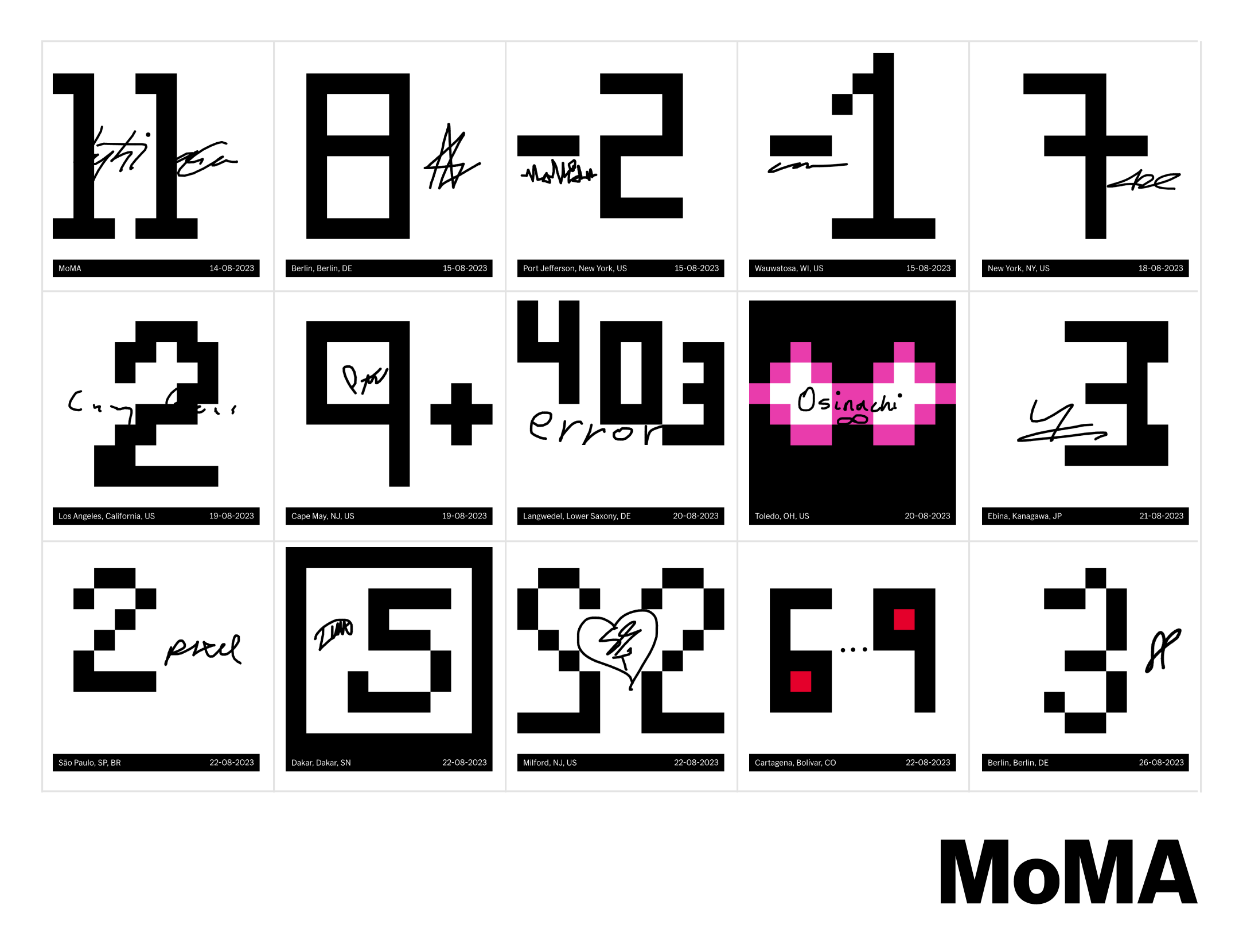 A grid of fifteen squares, each with a number written in black pixels on white