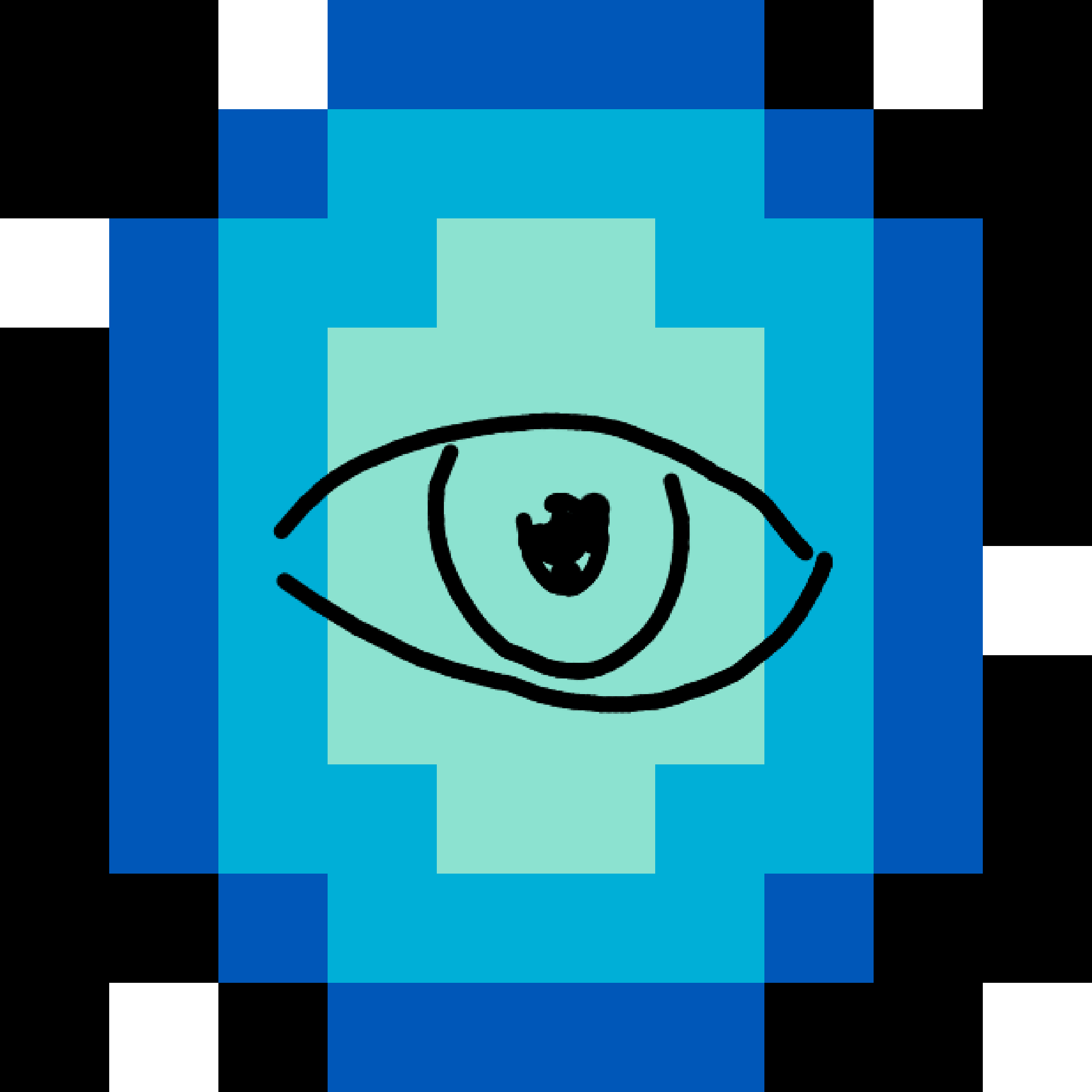 A pixel drawing of a stylized eye in shades of blue, with another eye drawn over it in black