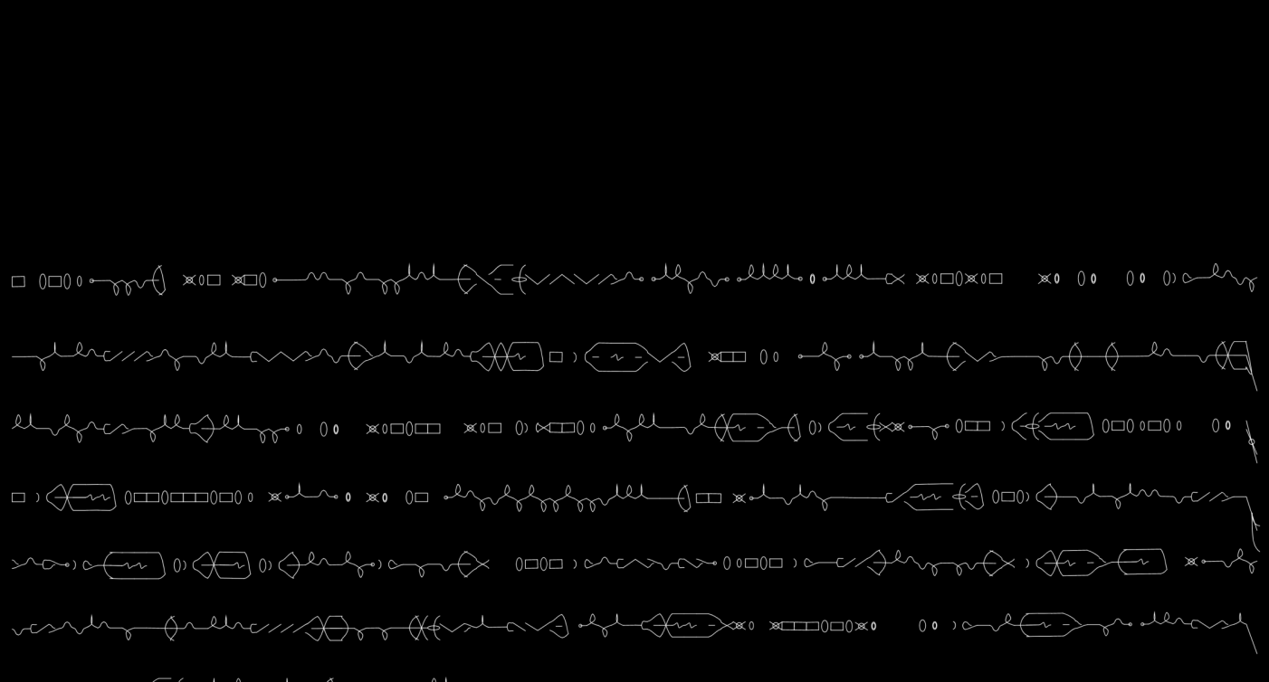 A digital abstract image where white scrawls, meants to represent an alien language, form even horiztonal lines across a black background
