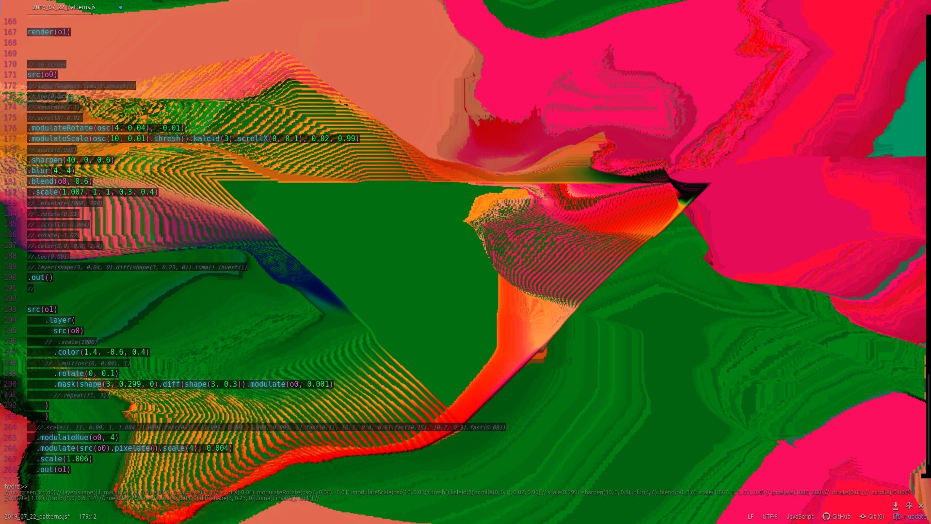 A computer-generated abstract image in greens and pinks with the code used to generate it visible on the left-hand side of the screen