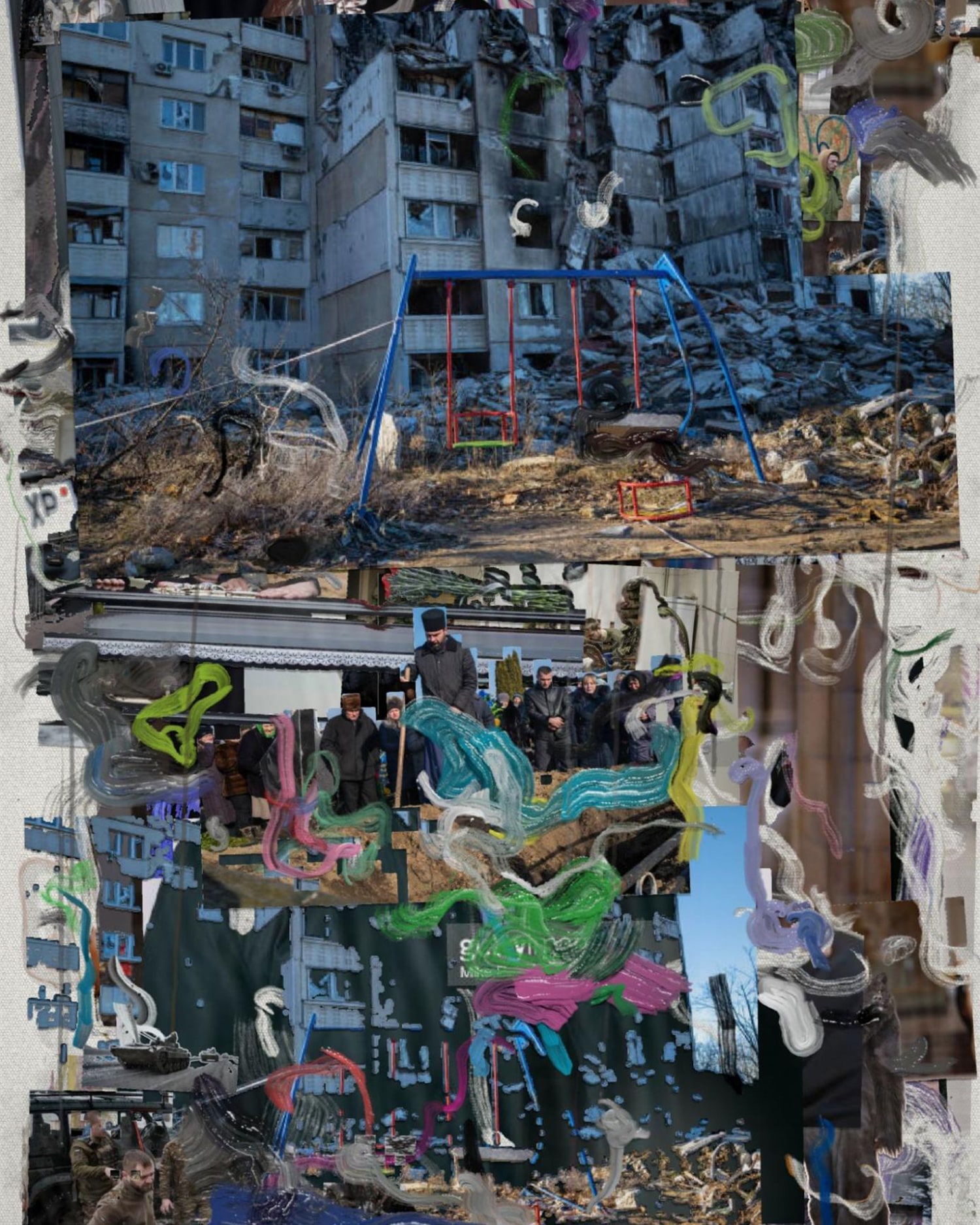 A digital collage featuring images of derelict buildings, destroyed playgrounds, and layers of abstract brushstrokes