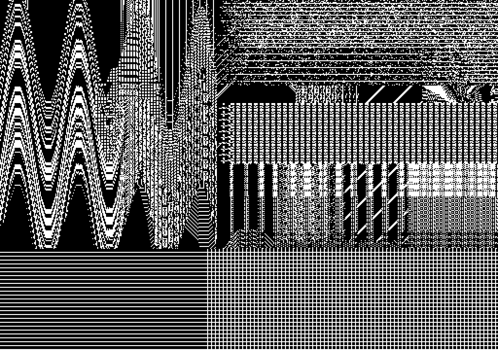 A digital abstract black-and-white image, where the image field is split into four quadrants, each with a distinct arrangement of pixels, some noisy and dynamic and others static and even