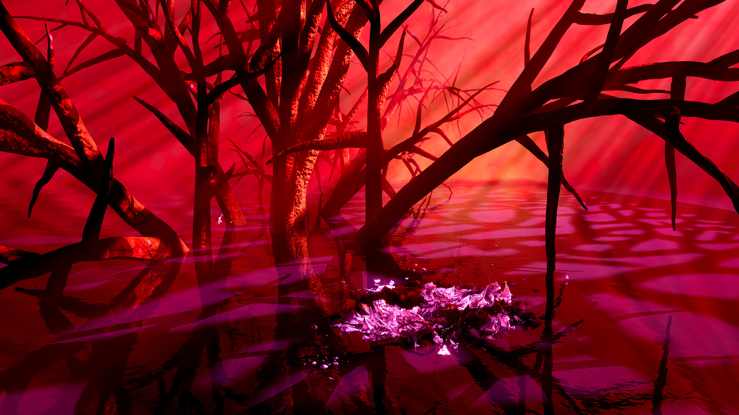 A digital landscape of a swamp, where dark tree trunks grow out of the surface of the water. The light and the water are rendered in shades of red and violet