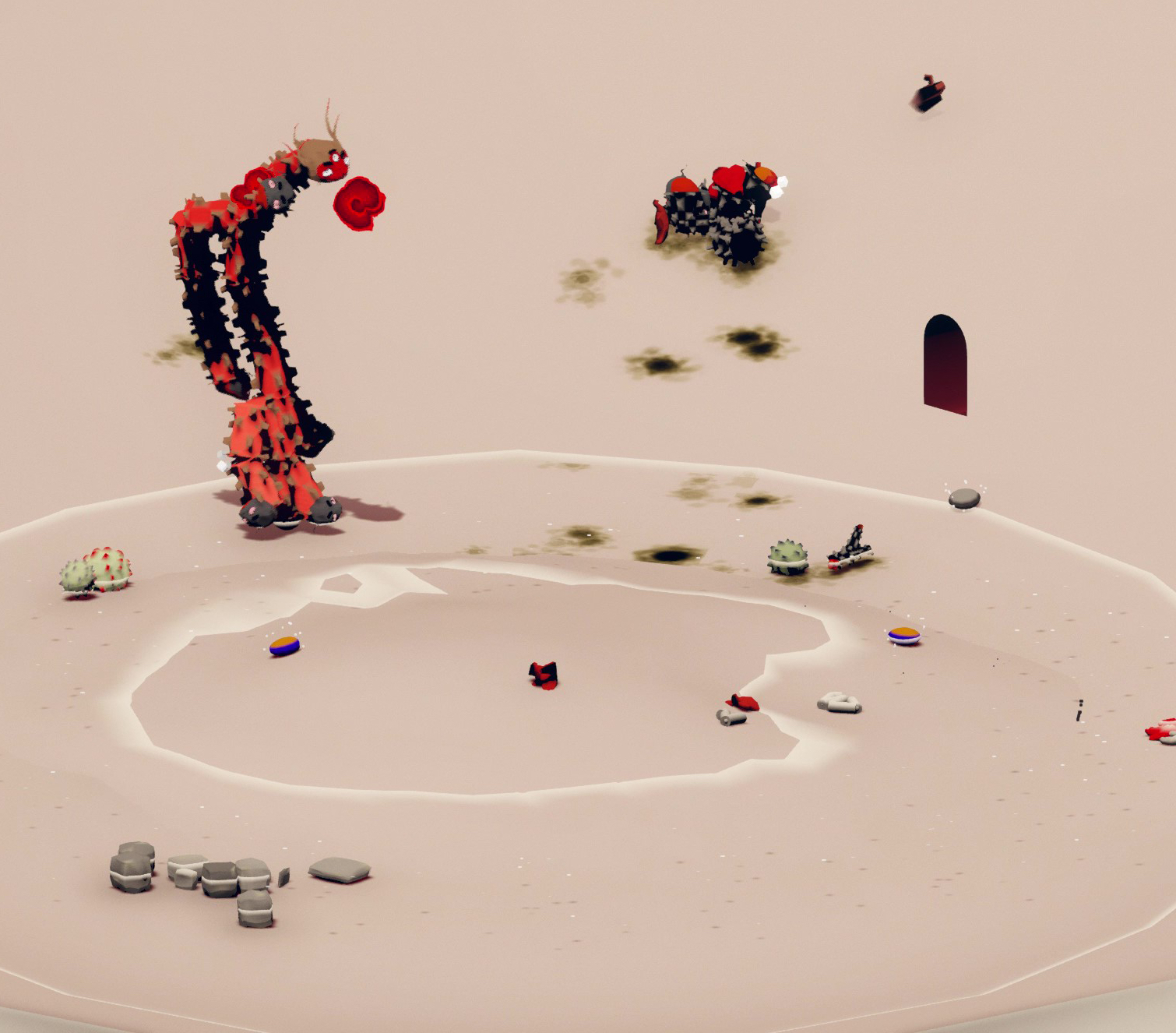 A still image from a digital animation showing a strange biomorphic creature surrounded by scraps of unidentifiable objects against a greige background