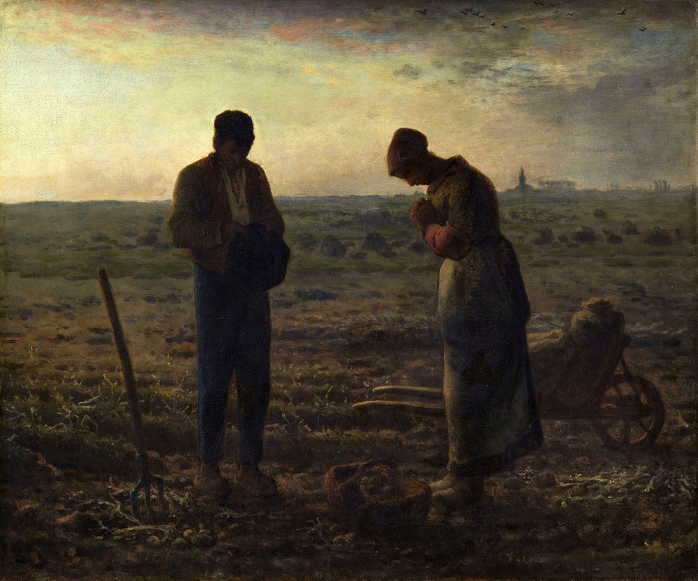 A realist painting of two peasants in a field, bowing their heads in prayer over a basket of potatoes
