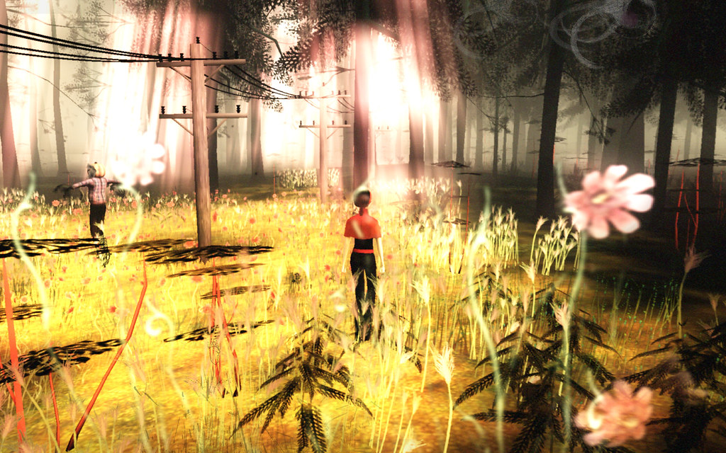An image of animation featuring a woman walking through woodland bathed in golden light