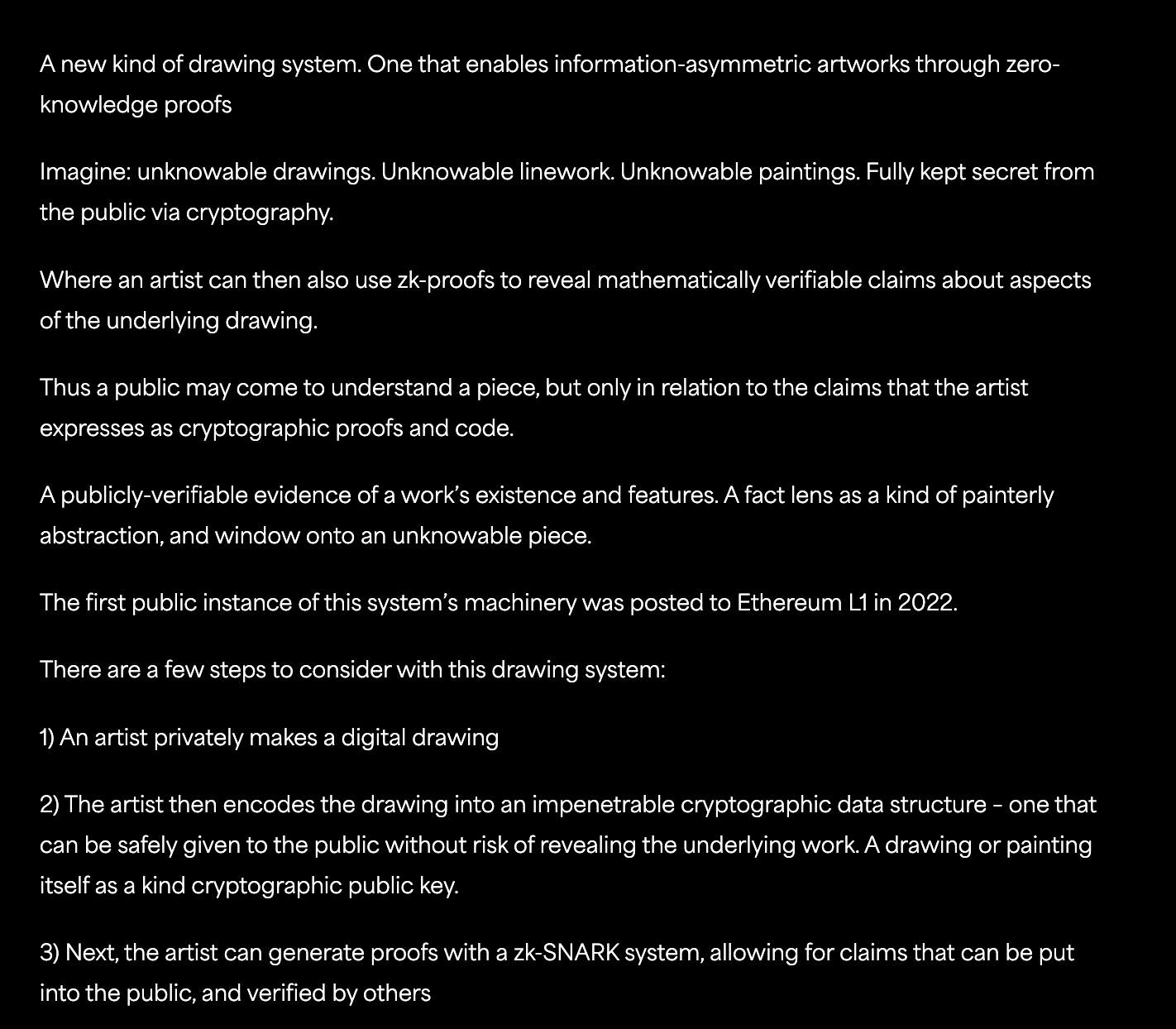 A list of descriptive and analytic statements about the possibility of verifying the existence of an unviewable artwork, written in white text on black