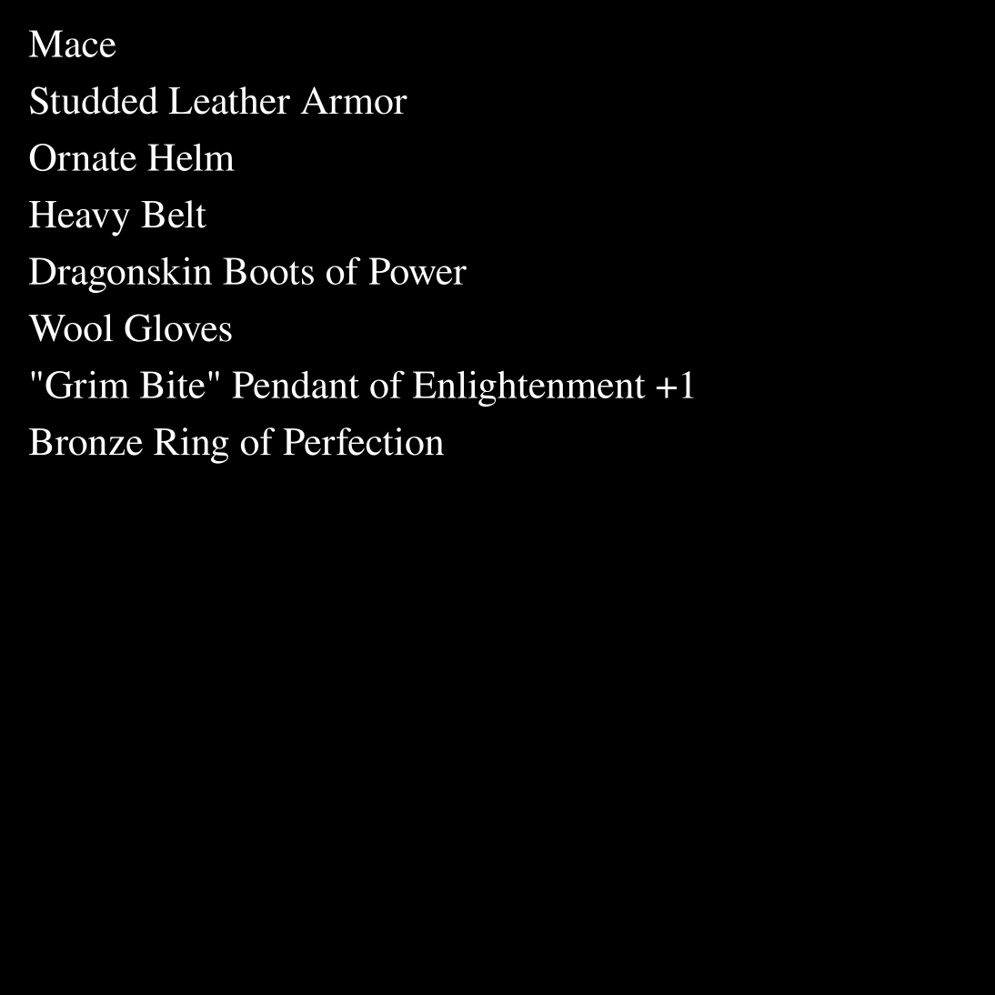 A list of fantasy adventure gear written in white text on a black background.