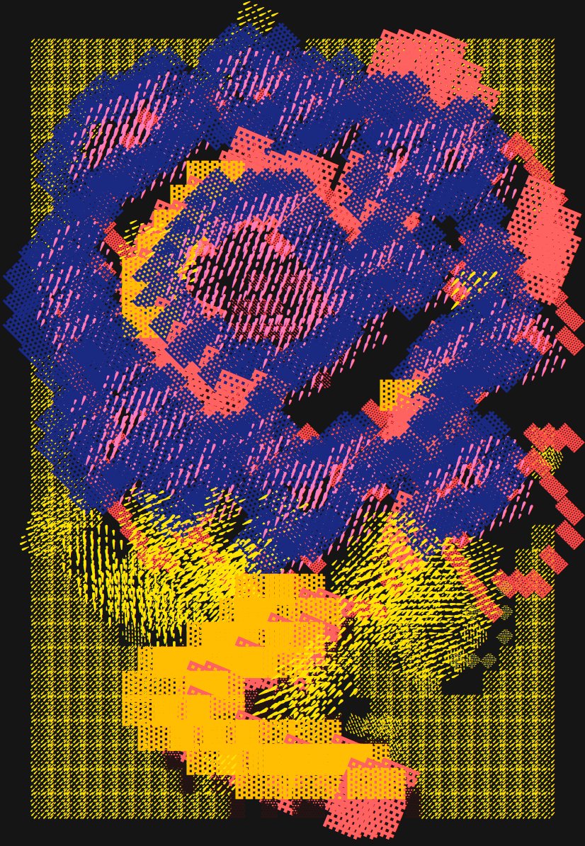A digital drawing of a flower, rendered in thick strokes of blue, pink, and yellow that leave visible patterns of pixels on the black background