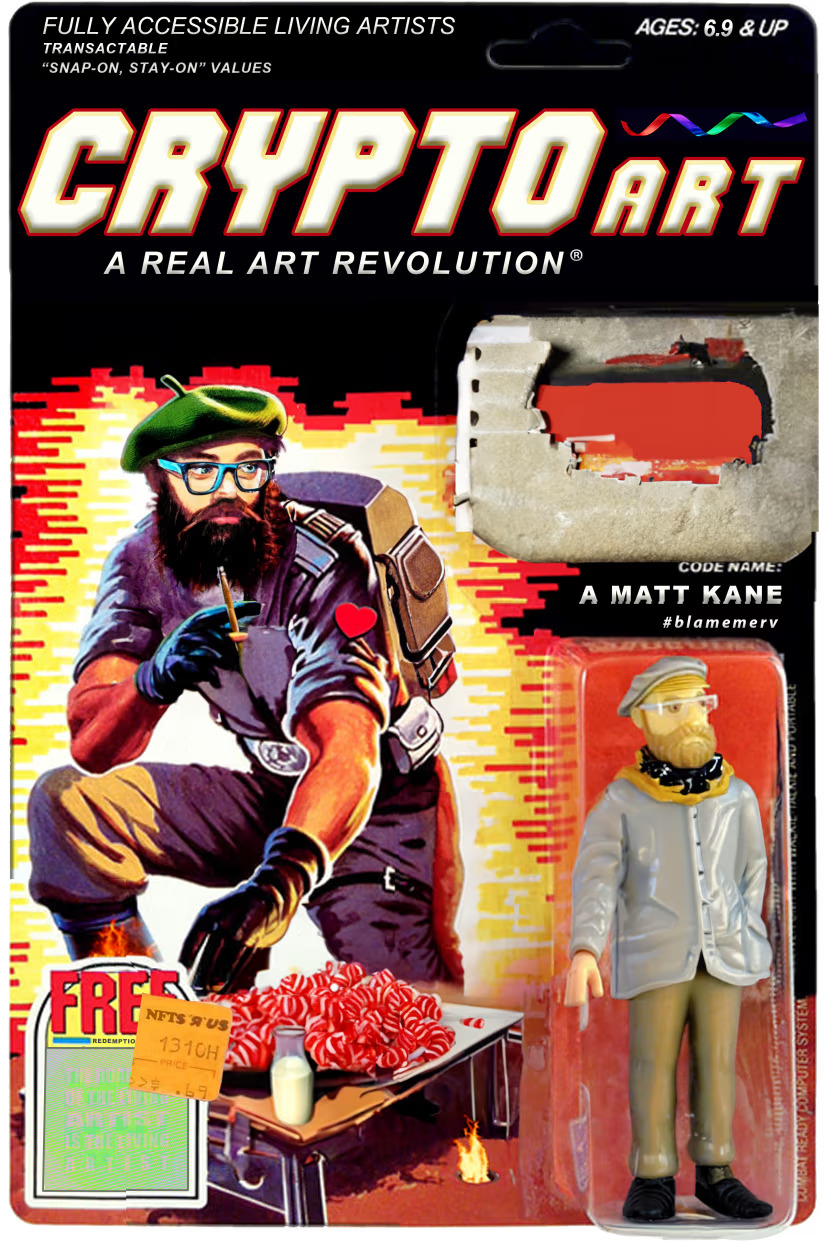 A digital image of an action figure in a package. It seems that one of the accessories has been torn from the packaging, leaving some raw cardboard.