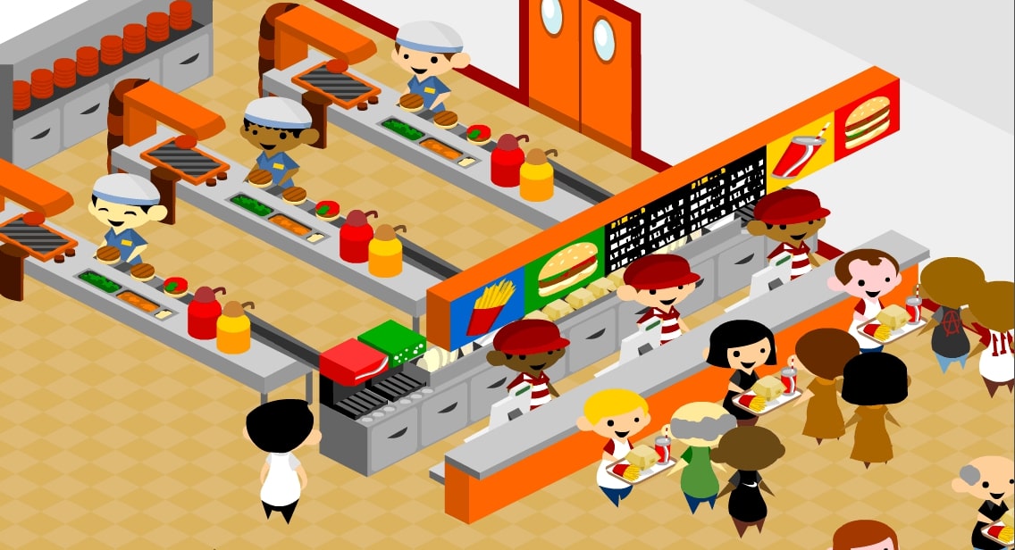 A screenshot from a video game showing workers and customers in a McDonald's
