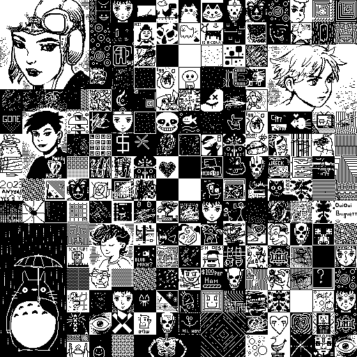 A square image made up of lots of tiles with different images rendered in black and white