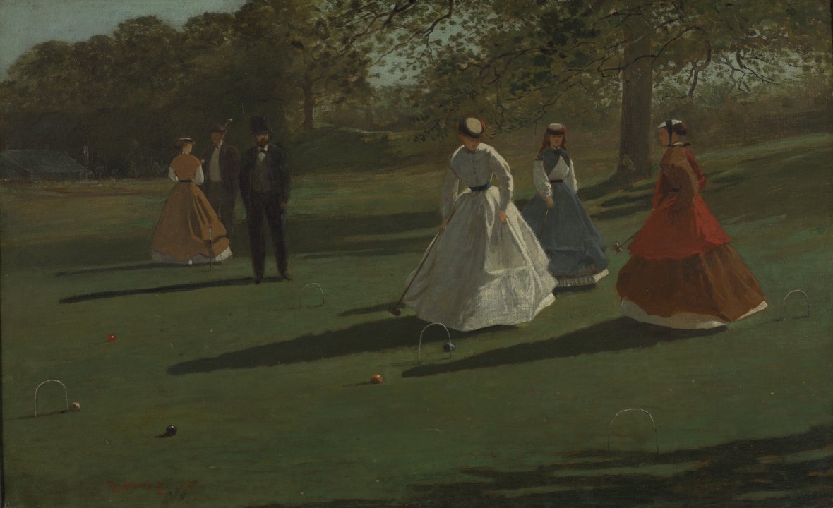 A painitng of women in voluminous skirts playing croquet on a green, sloping field