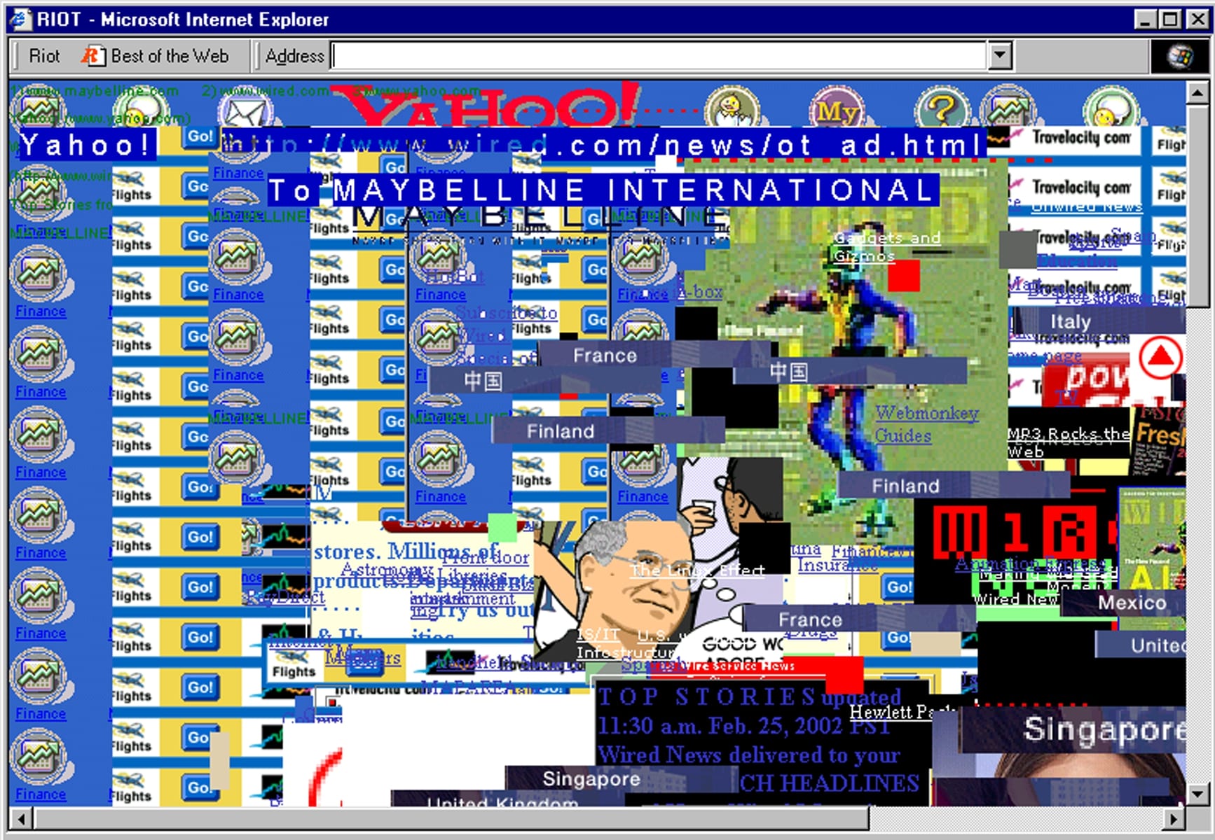 A screenshot of an old web browser with lots of glitchy layers of images and text