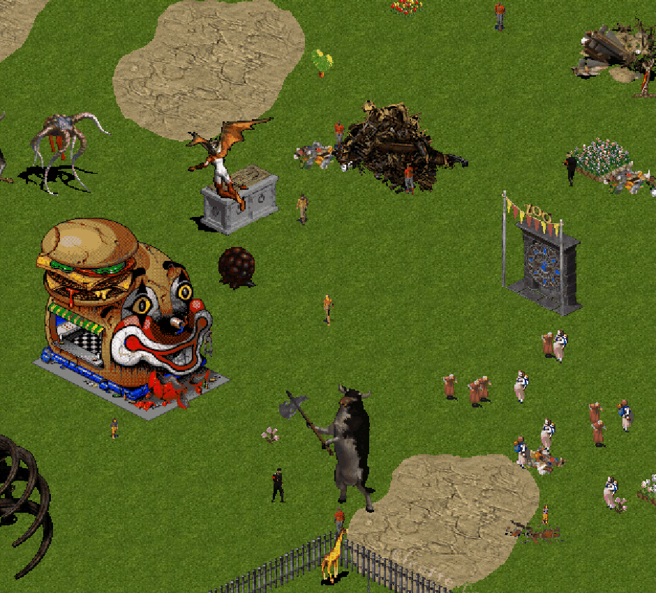 A pixelated image of a rudimentary zoo, wiith a clown-faced concession stands, roaming visitors, and a few demonic interlopers