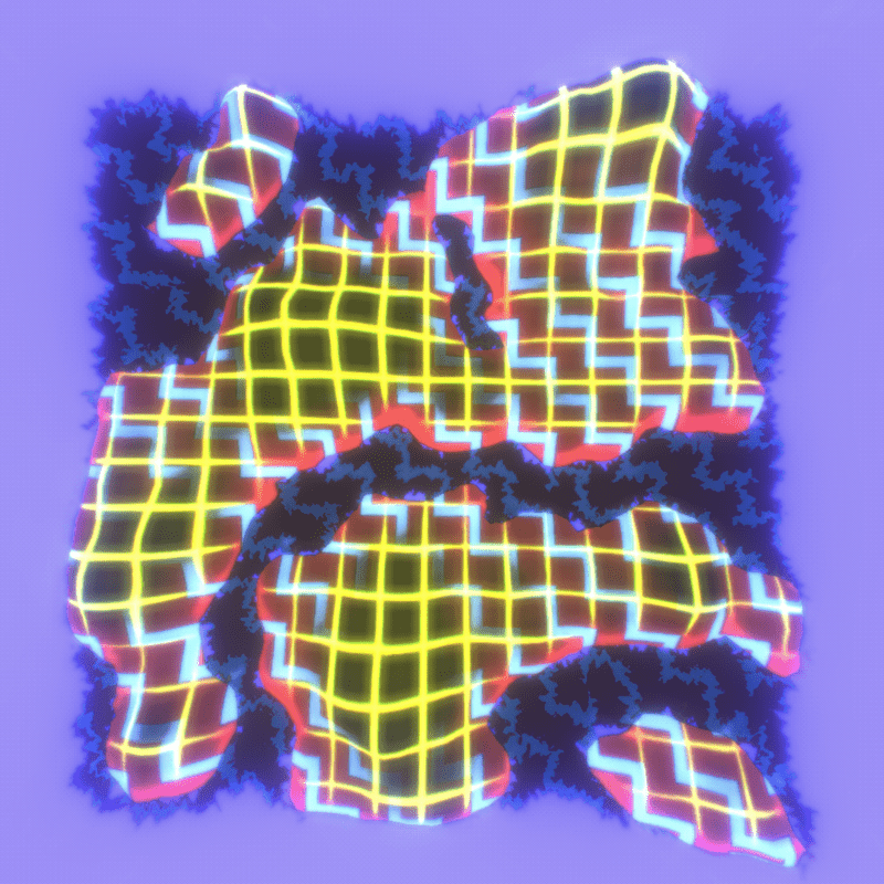 A digital abstraction of a yellow grid, interlocking with blue and red stepwise lines, interrupted by irregular lines and warping patterns