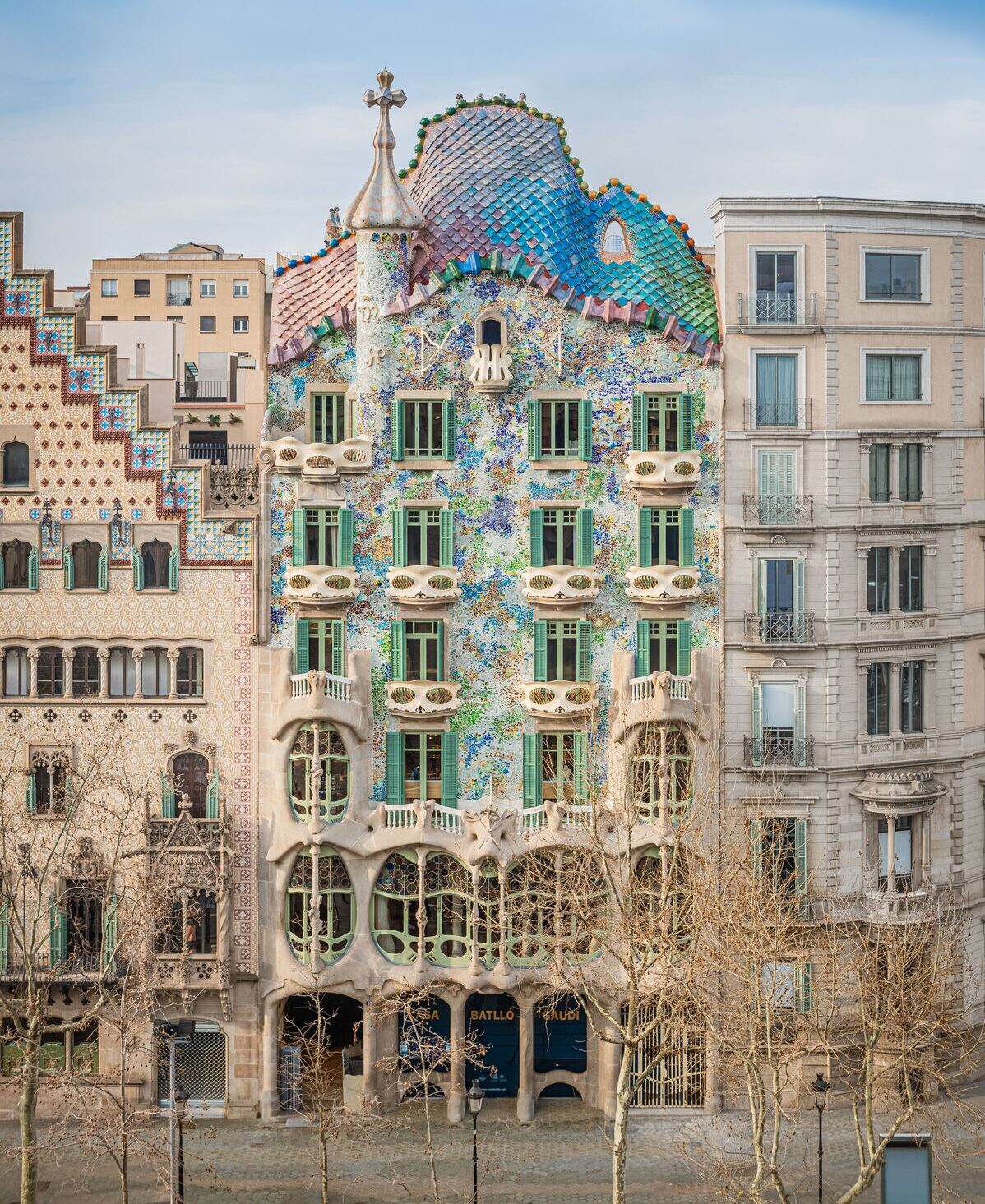 A street view of Casa Batlló, an apartment block designed by Gaudí in central Barcelona