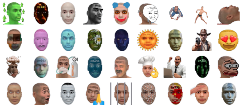A nine-by-four grid of digital heads, most of them variations on the same expressionless male face