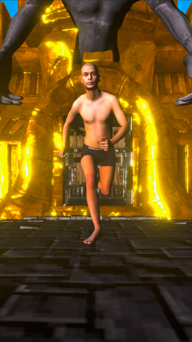A digital avatar wearing only black briefs running toward the viewer out of a golden gate