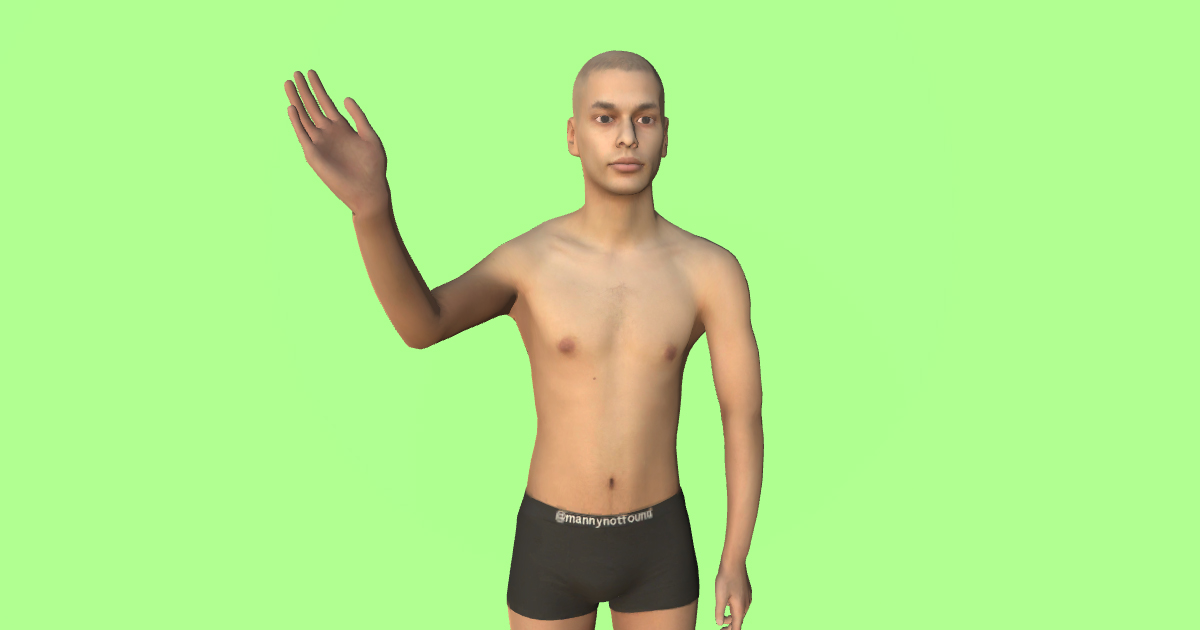 A digital avatar resembling a man wearing black boxer brief stands waving and expressionless against a green background