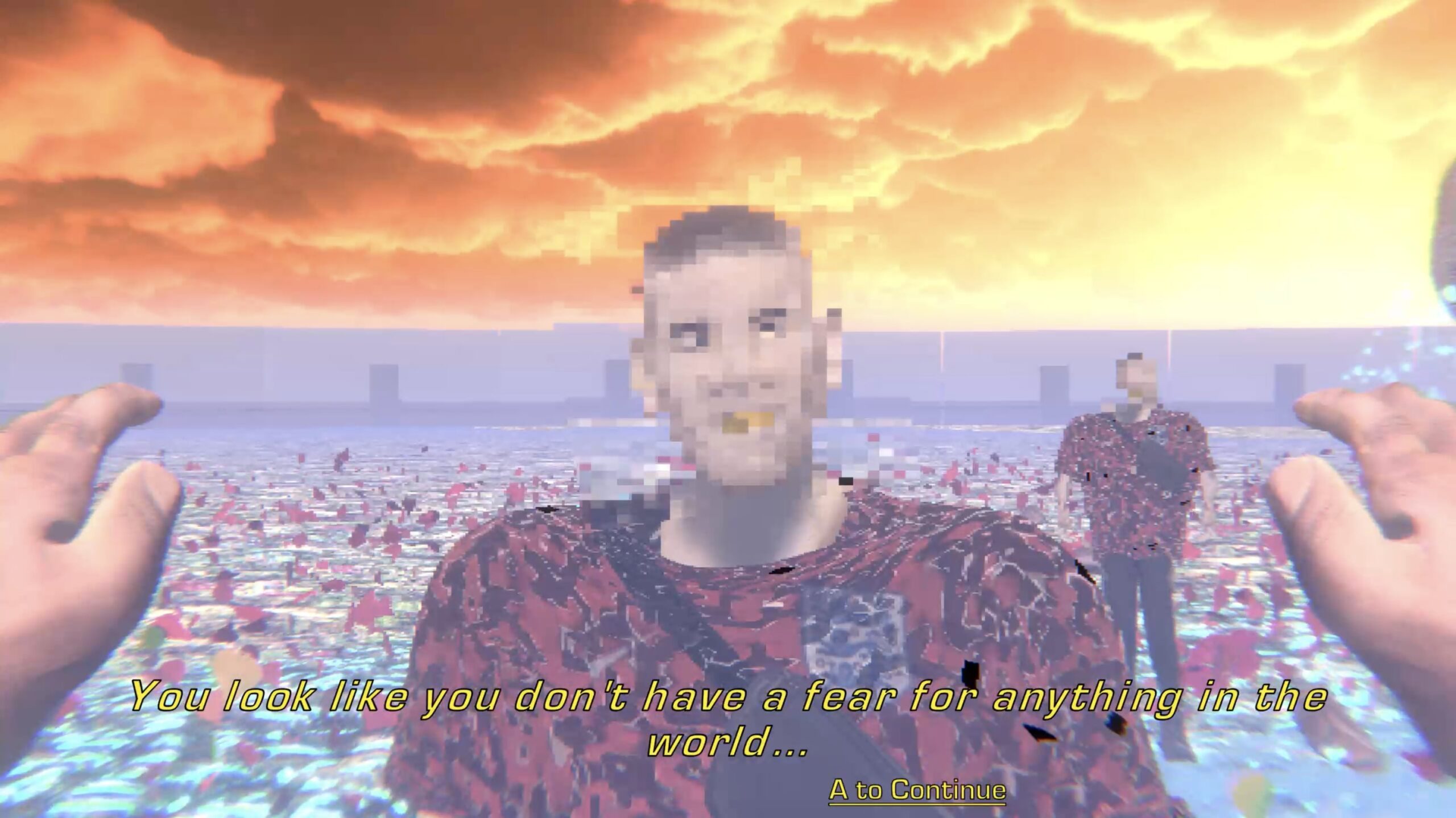 An animation showing a surreal landscape with a doubled image of a man looking straight ahead