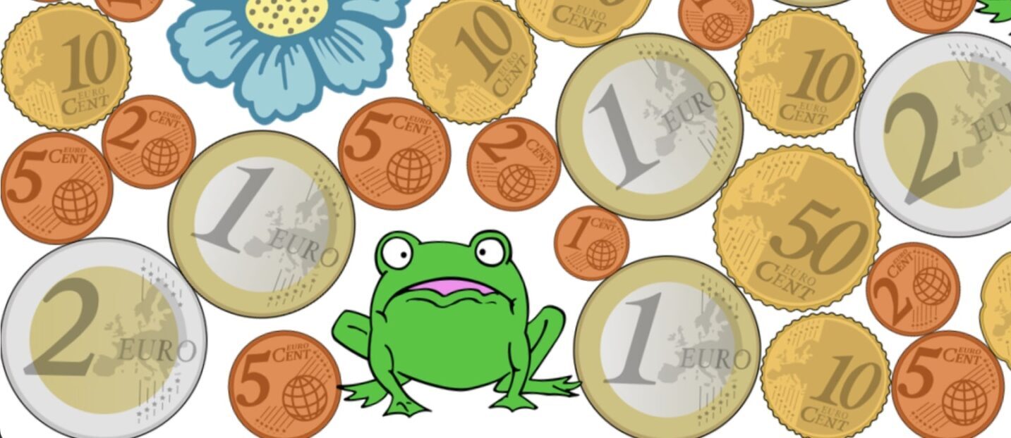 An illustration of a pile of euro coins interspersed with cartoonish frogs and blue flowers