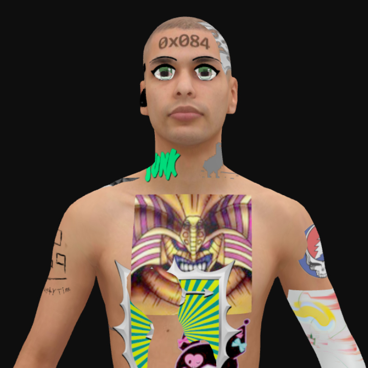A digital avatar decorated with various tattoos and stickers, set against a black void