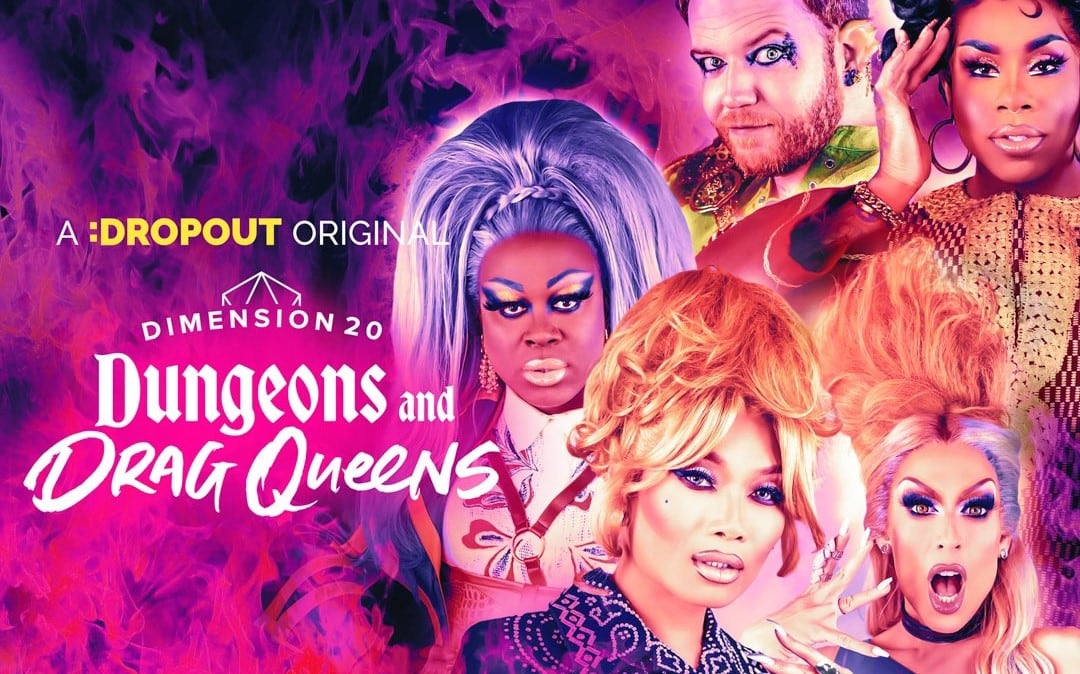 A poster promotes a show starring four drag queens, all pictured alongside the show's host amid swirls of pink smoke