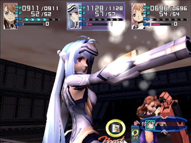 A screenshot of a video game showing an animation of woman with long silver hair and a gun in her hand