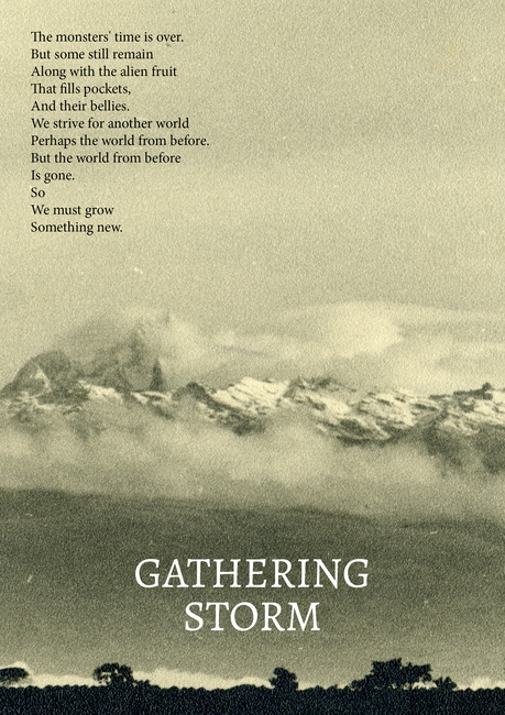 The cover of a rulebook for a tabletop roleplaying game, illustrated with misty mountains. In the upper left corner there is a poem about a new world emerging after a time of monsters