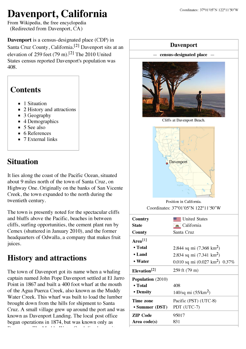 A screenshot of a page from Wikipedia about a town in California, with a photograph showing a silhouetted figure standing beneath trees and looking out at the ocean at sunset