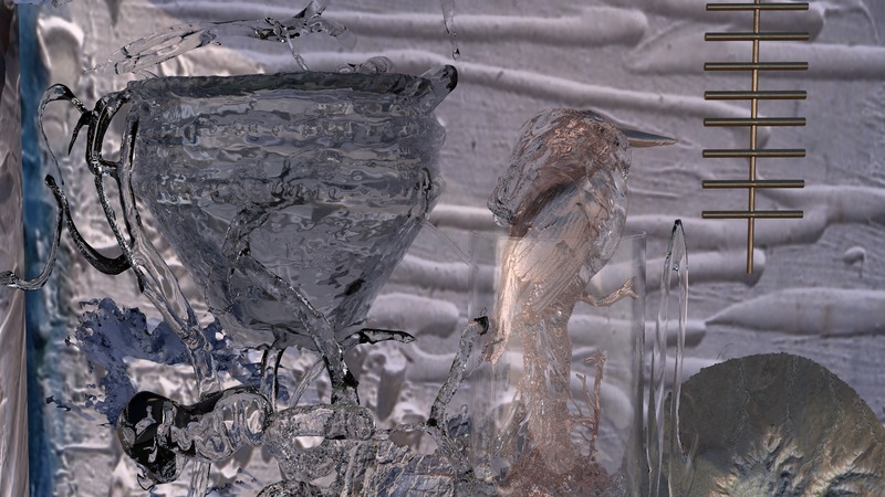 A digital image featuring 3D models of casts from a riverbed, inscrutable semi-transparent shapes, and a measuring device