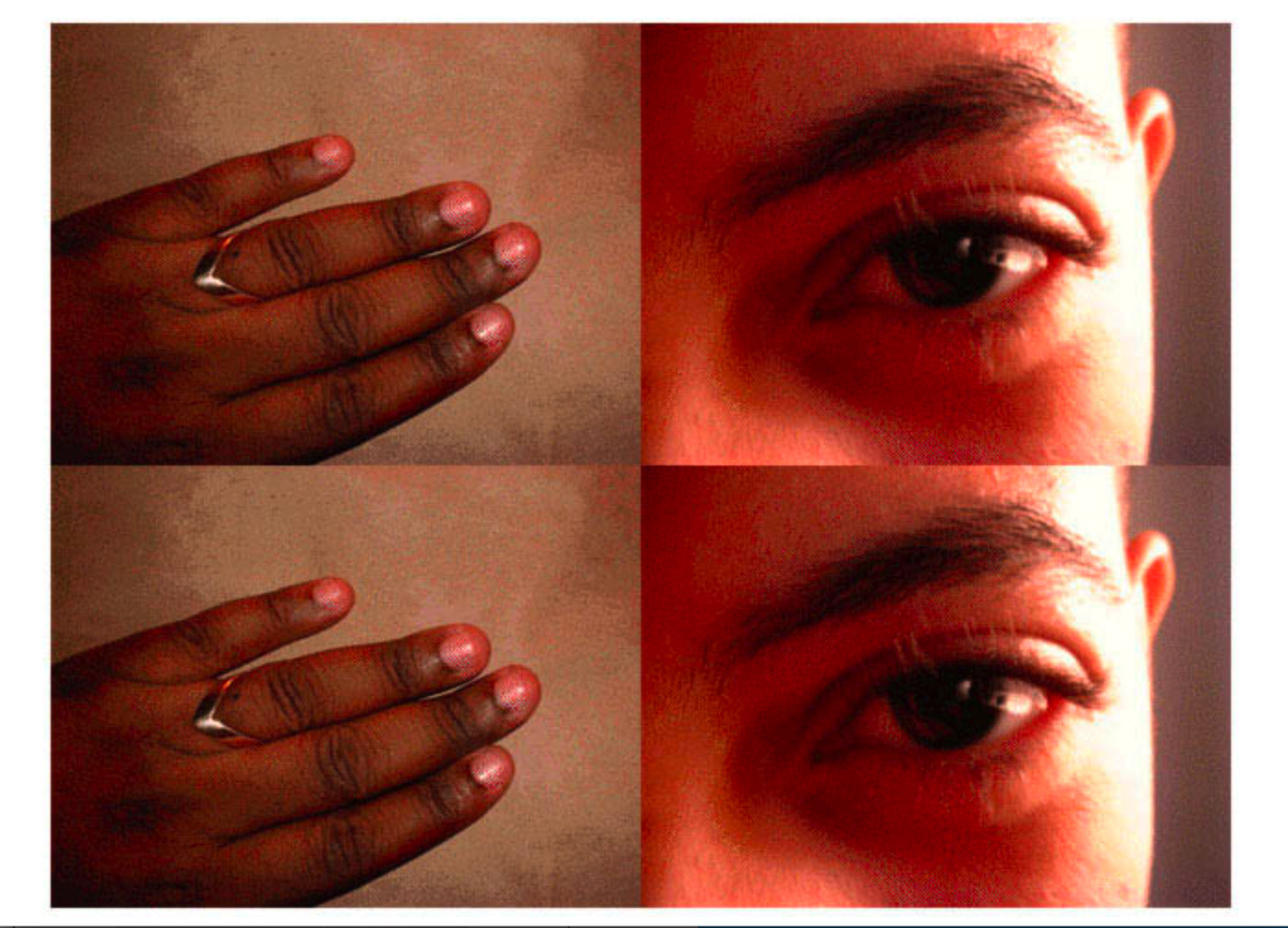 A grid of four close-up images, two of a hand and two of an eye, all zooming in on dark-skinned bodies
