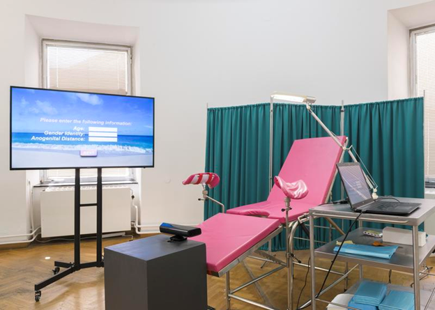 A photo of a clinical set up in an art gallery. A pink padded chaise behind a green curtain is surrounded by equipment for documenting a person's body: a computer, lighting, a monitor