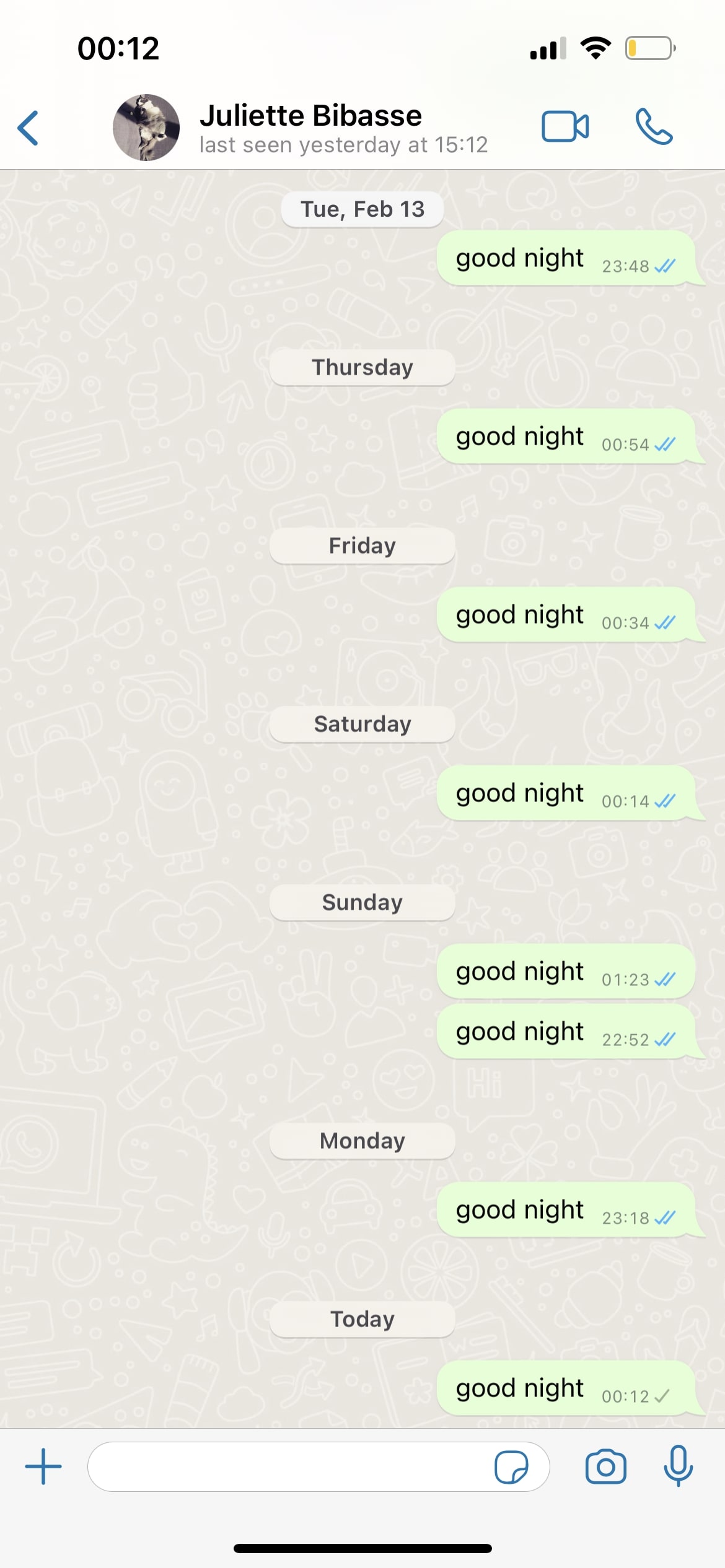 Screenshot of a Whatsapp chat with lots of messages saying "good night"