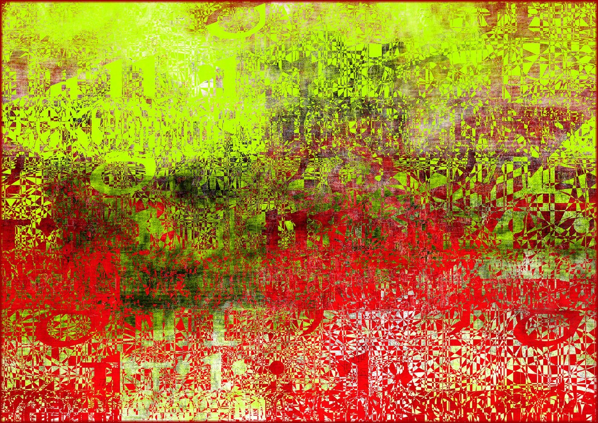 A rectangular abstract image made up of layers of illegible text in bright red and green