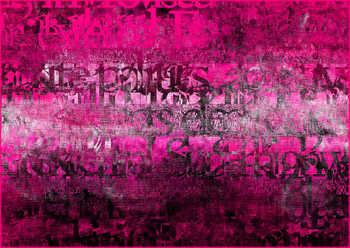 A rectangular abstract image made up of layers of illegible text against a pinkish background