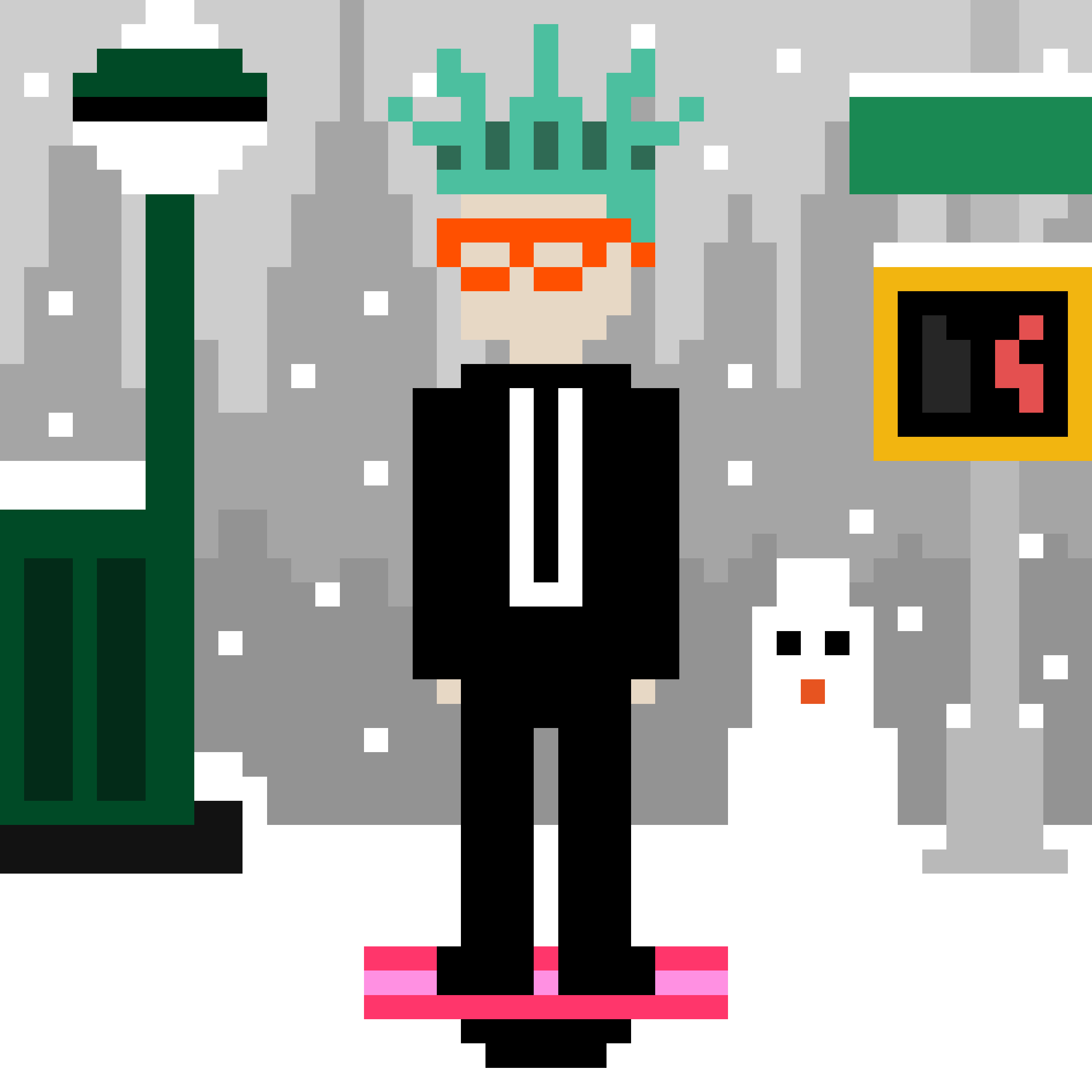 A pixel drawing of a person with spiky green hair and orange glasses in a black suit, standing on a snowy street by an entrance to the subway