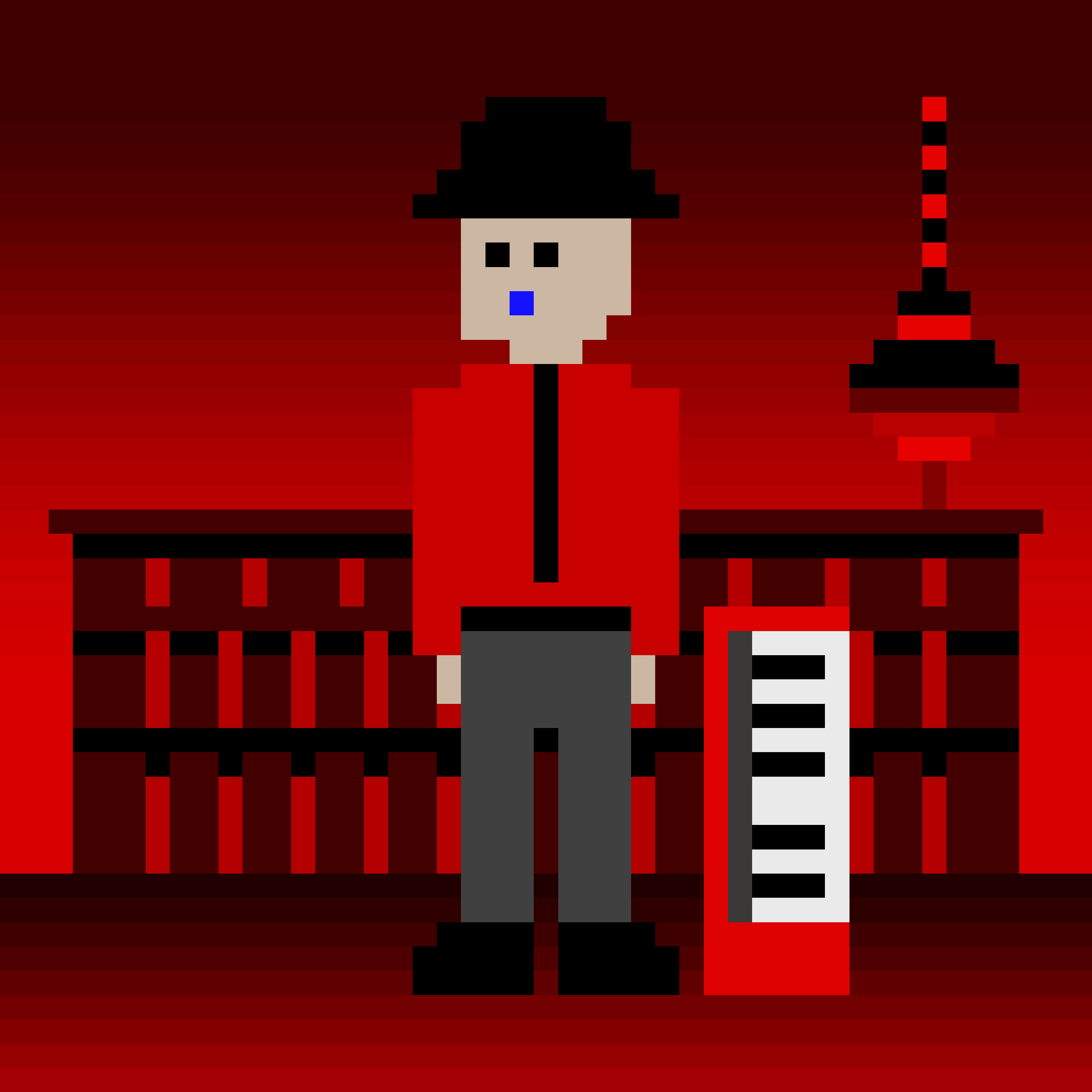 A pixel drawing of a man in a red shirt standing beside a keyboard with a TV tower in the background