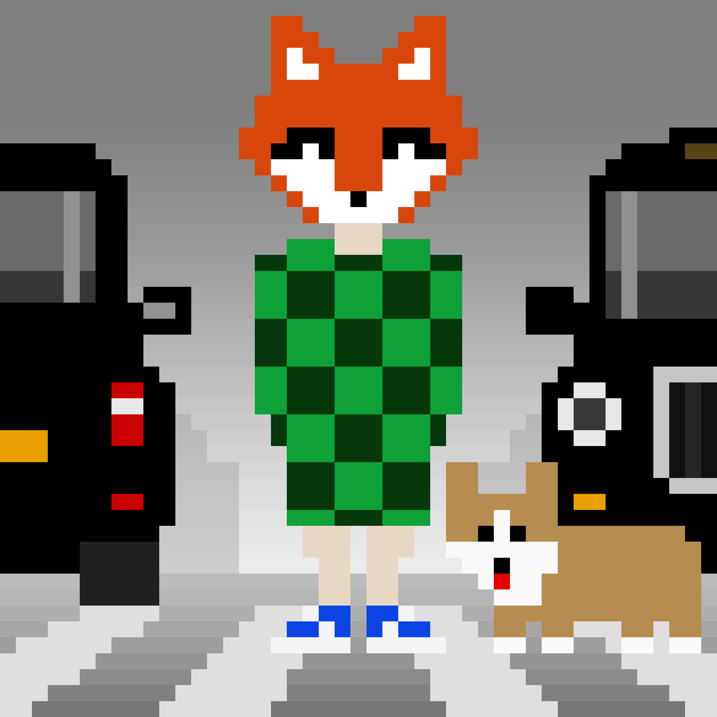 A pixel drawing of a person in a green checkered coat with the head of a fox standing in a crosswalk with a corgi, flanked by black London taxis