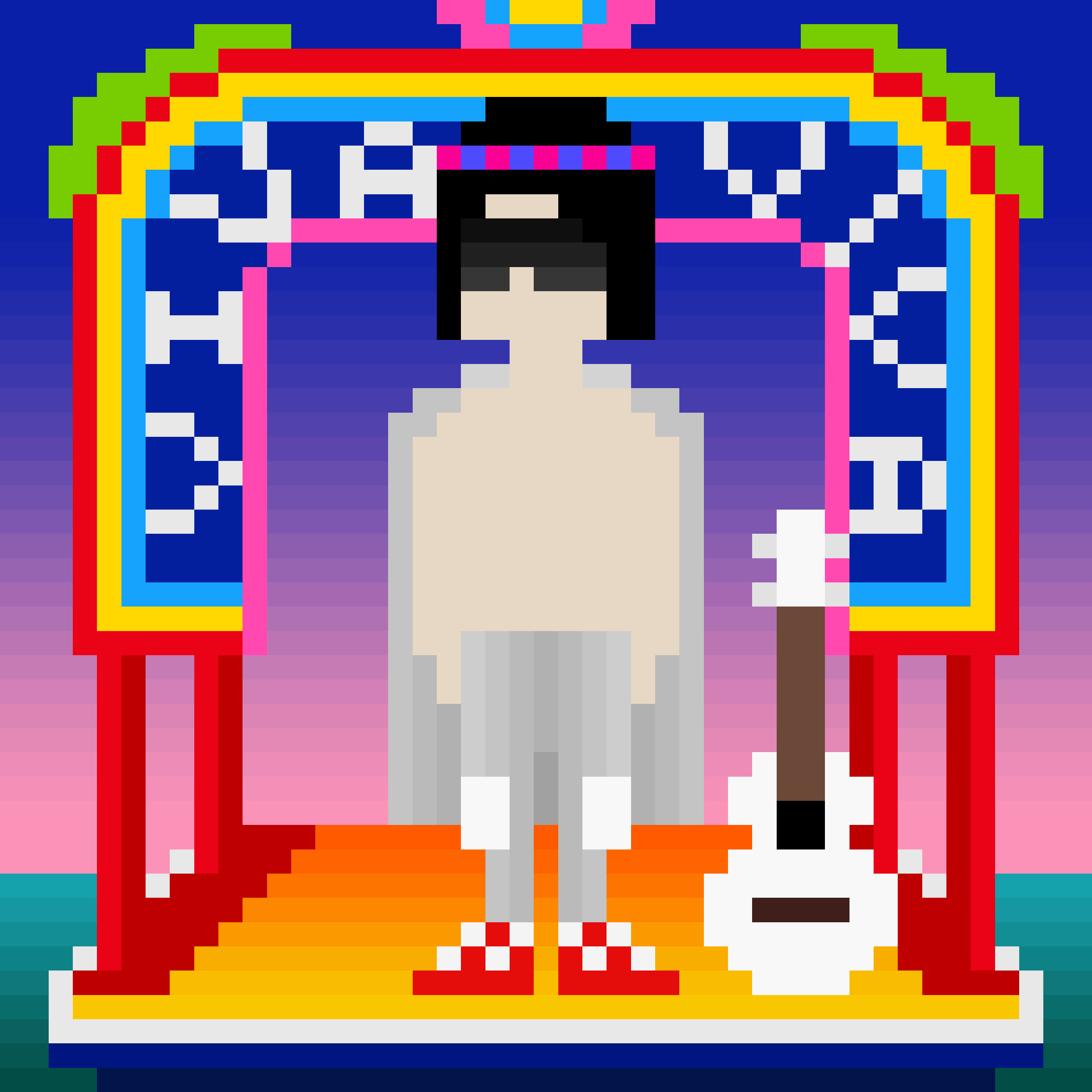 Pixel drawing of a figure wearing a gray poncho and standing under a rainbow-colored archway beside a white guitar