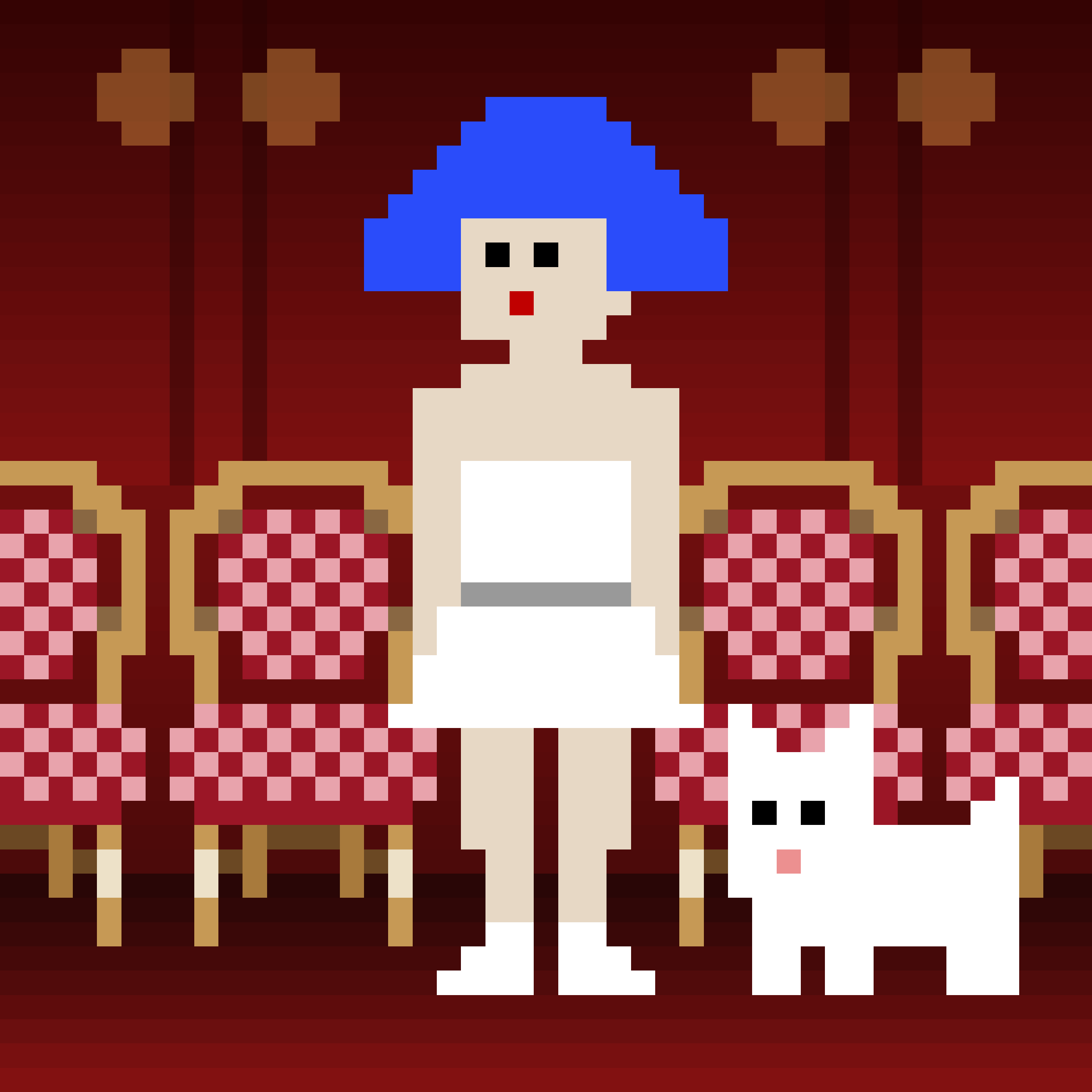 A pixel drawing of a woman in a short white dress with a triangle of blue hair, standing in front of a row of checkered bistro chairs as a little white dog waits beside her
