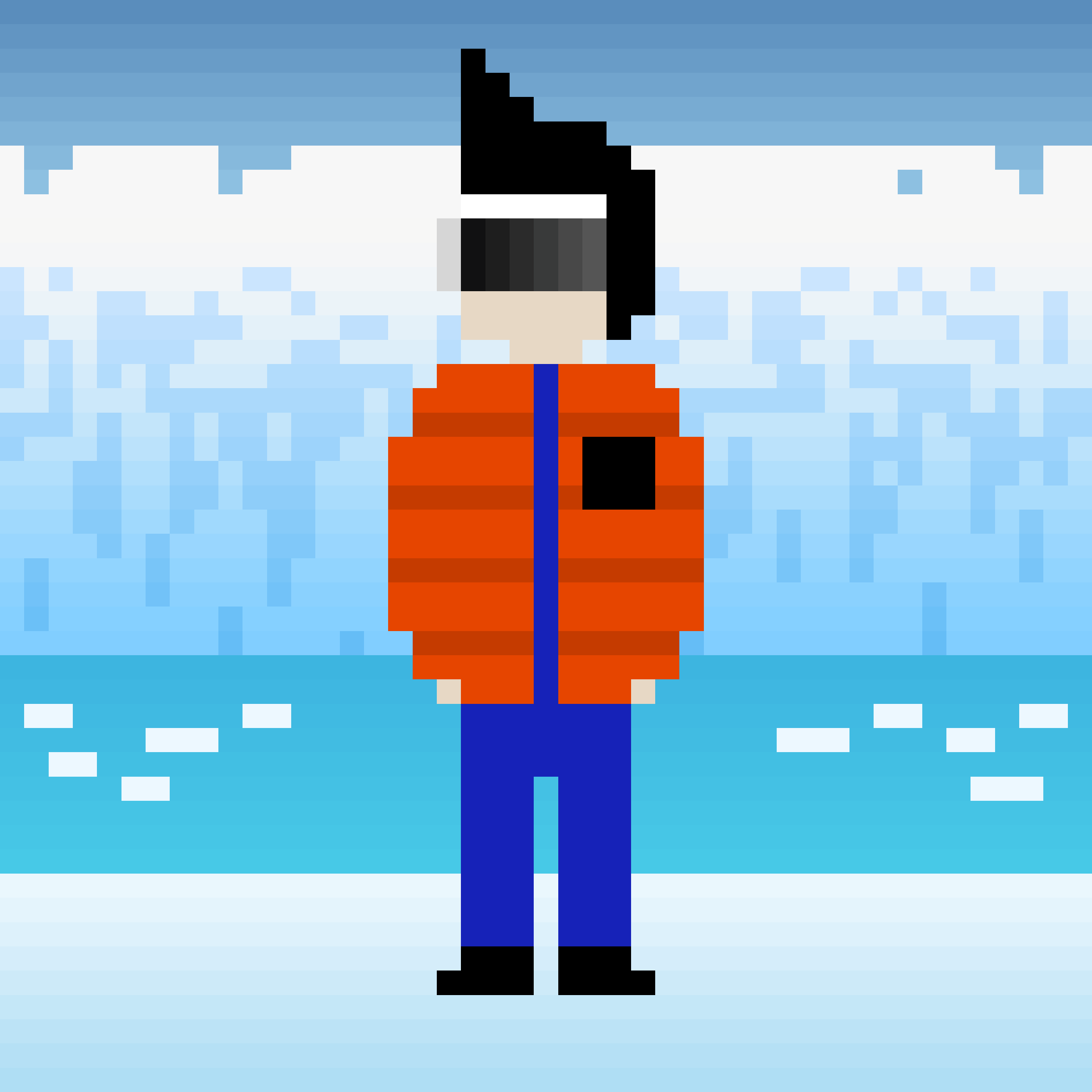 A pixel drawing of a person with spiky black hair wearing a red puffer jacket, standing by the shore with a huge glacier in the background